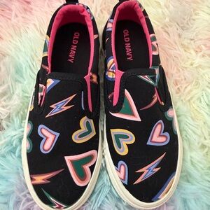 Old Navy Kids' Black Sneakers with Colorful Heart and Bolt Design (NEVER WORN)